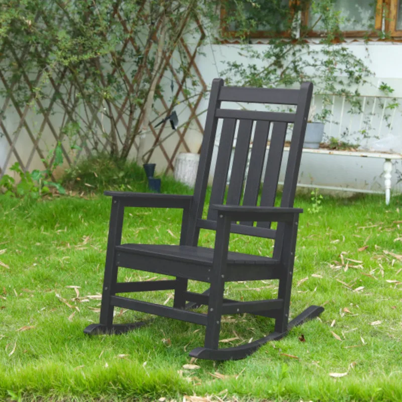 كرسي هزاز كبير الحجم مع نسيج خشبي كرسي هزاز خارجي للبالغين جميع الأحوال الجوية مقاوم للشرفة حديقة الروك باللون الأسود