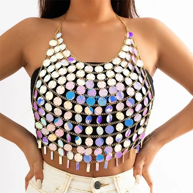 

T21F Colorful Nightclub Sequins Sexy Body Chain Party Beach Harness Bra Chain