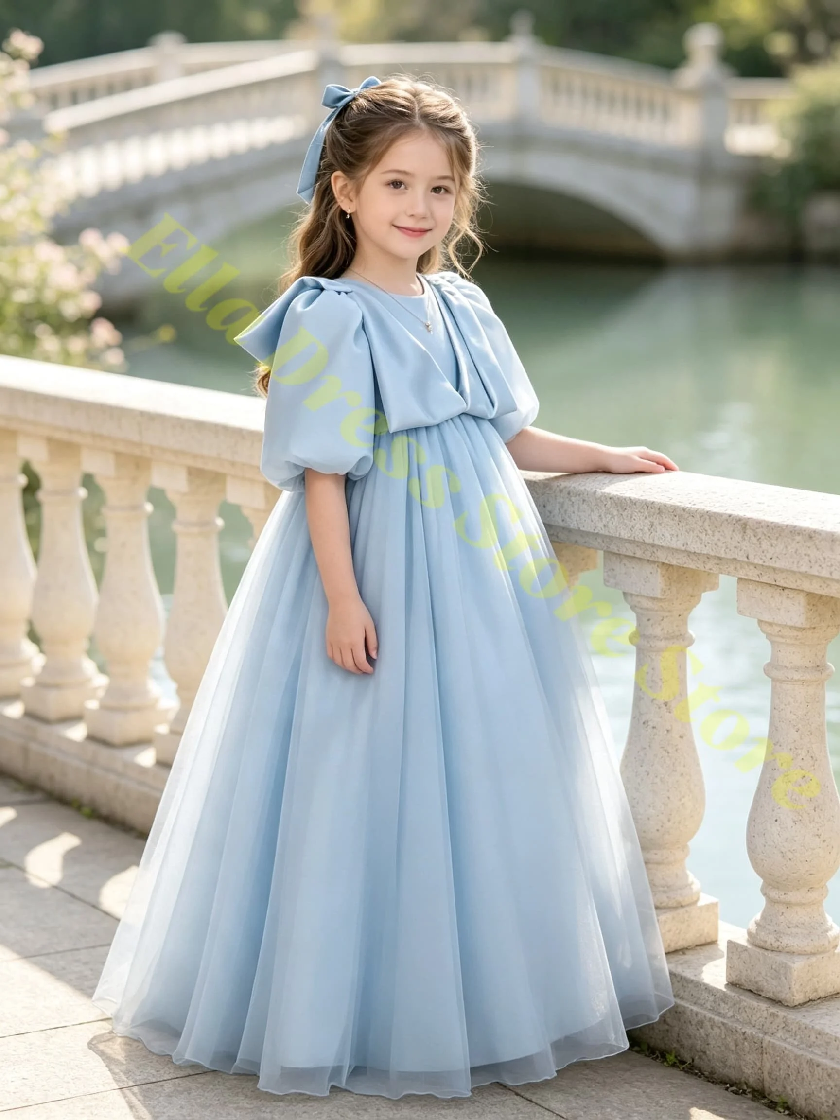 Mädchenkleid Satin Rosa Puffärmel Schleife Blumenmädchenkleid für Hochzeit Abendkleid Formelle Empfänge Partys Maßanfertigung Großhandel – Detail 3