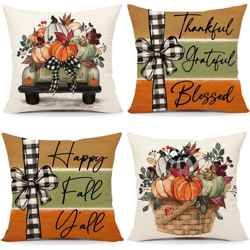 

Pillowcases 20 x 20 inches, set of 4 Thanksgiving farmhouse decorations, pumpkin ball printed pillows, home decor