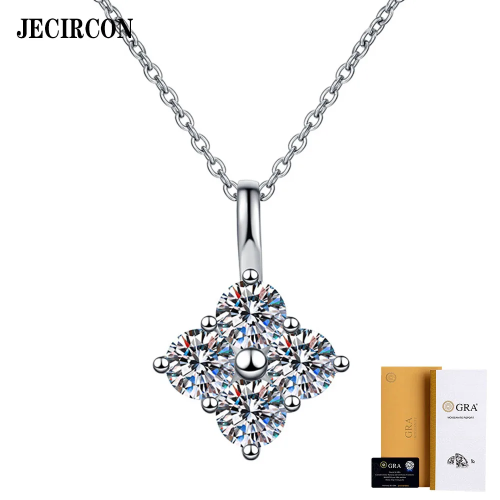 

JECIRCON S925 Sterling Silver Necklace for Women Sparkling 4 Stones Moissanite Pendant Clavicle Chain Simple Versatile Jewelry