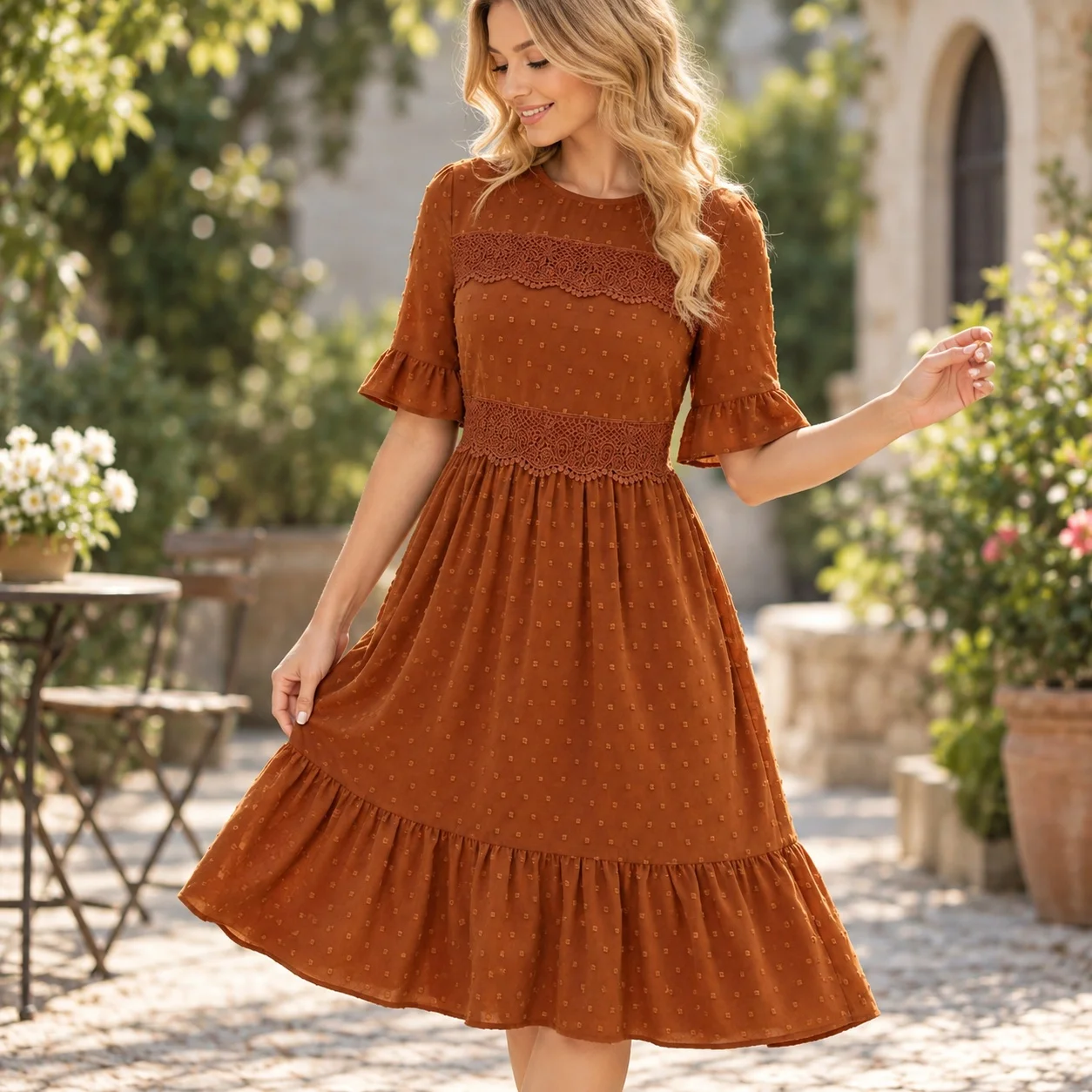 Patchwork Round Neck Dress Mid Length Refined Commuter with Elegant Midi Length Skirt Flare Spring a Line Dresses for Women