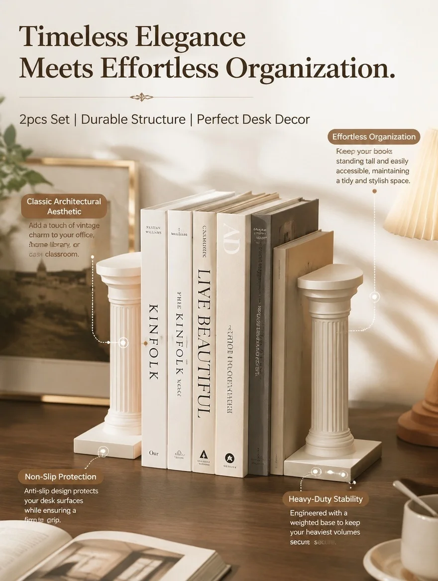 2Pcs Bookends Roman Column Vintage Decorative Bookends for Desk Shelf Organizer Non Slip Heavy Duty Book Holder Office Library