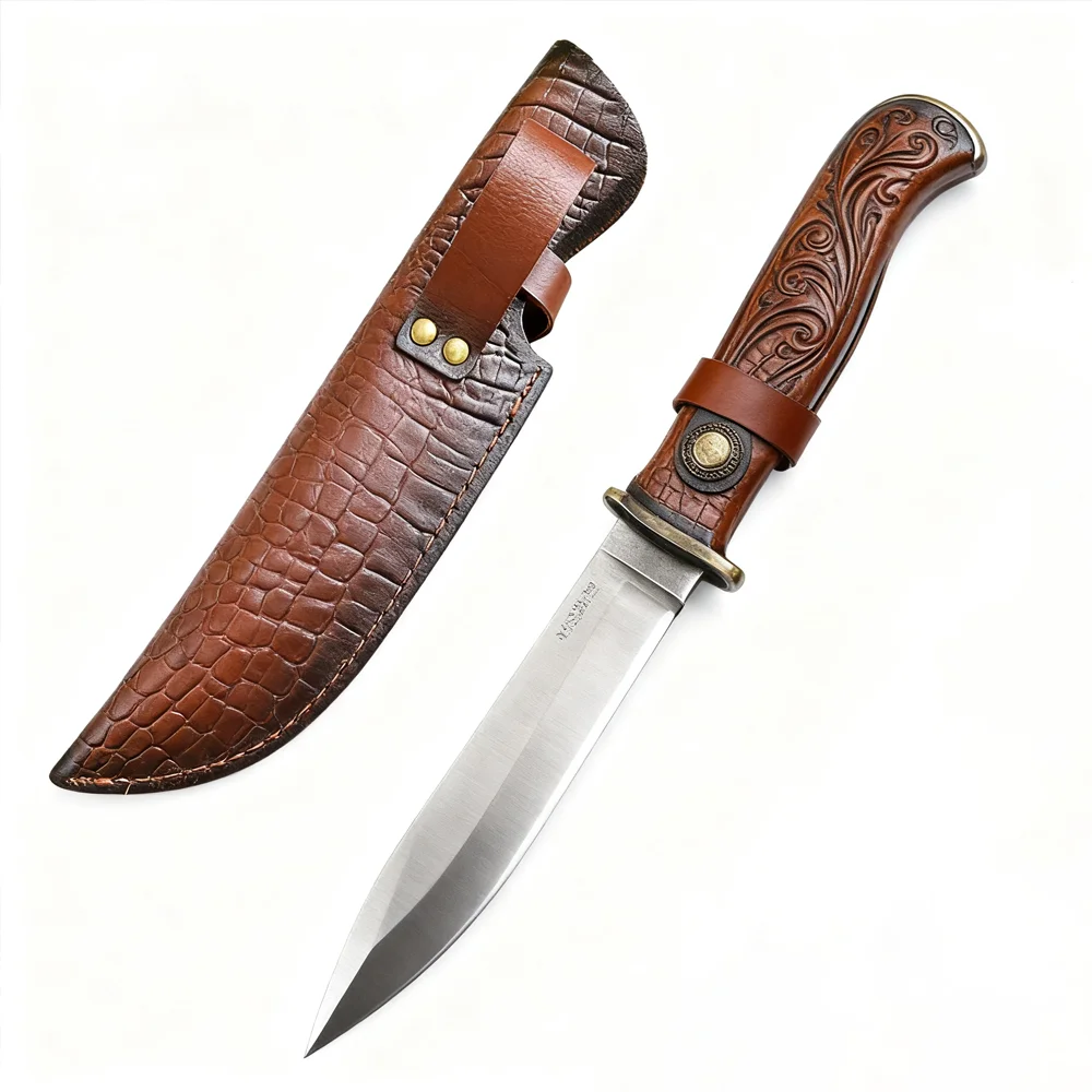 29.9cm Embossed Cowhide Scabbard Belt-Mounted Outdoor Camping Holster for Fixed Blade Hunting Knife