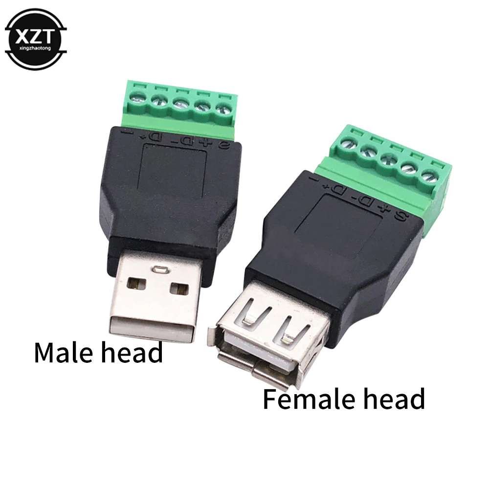 Solderless USB To 5P Terminal USB2.0 Solderless Plug Male Female USB A Male Green Terminal ConnectorUSB Solderless Plug
