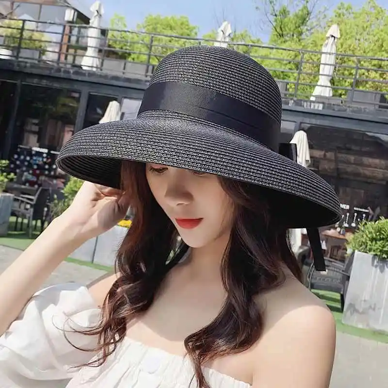 Retro Hepburn Black Internet Famous Straw Hat Sunshade Hat Sunscreen Beach Holiday Large Brim Women's Summer Sun Hat