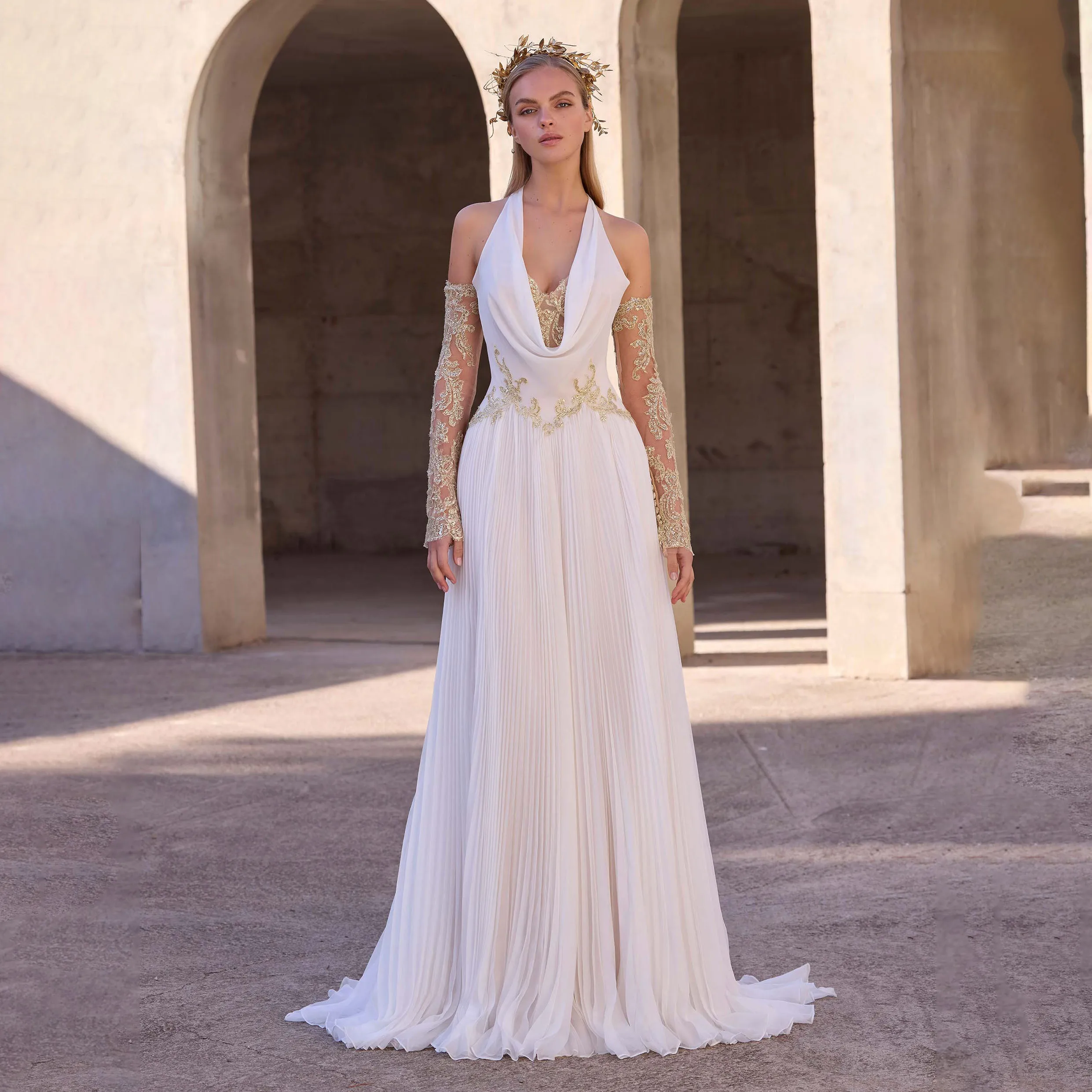 

Customized Mermaid Beach Bridal Gowns Elegant Lace Applique Wedding Dresses Half Sleeve Halter-neck Pleated Boho Bridal Gowns