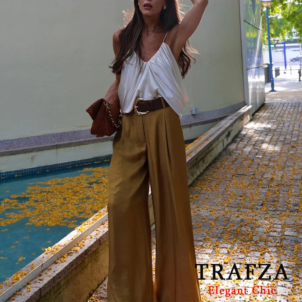 

TRAFZA Women Vintage Pants Wide Leg Casual Long Trousers With Belt 2025 Fashion Spring Summer Holiday Party Office Lady Pants