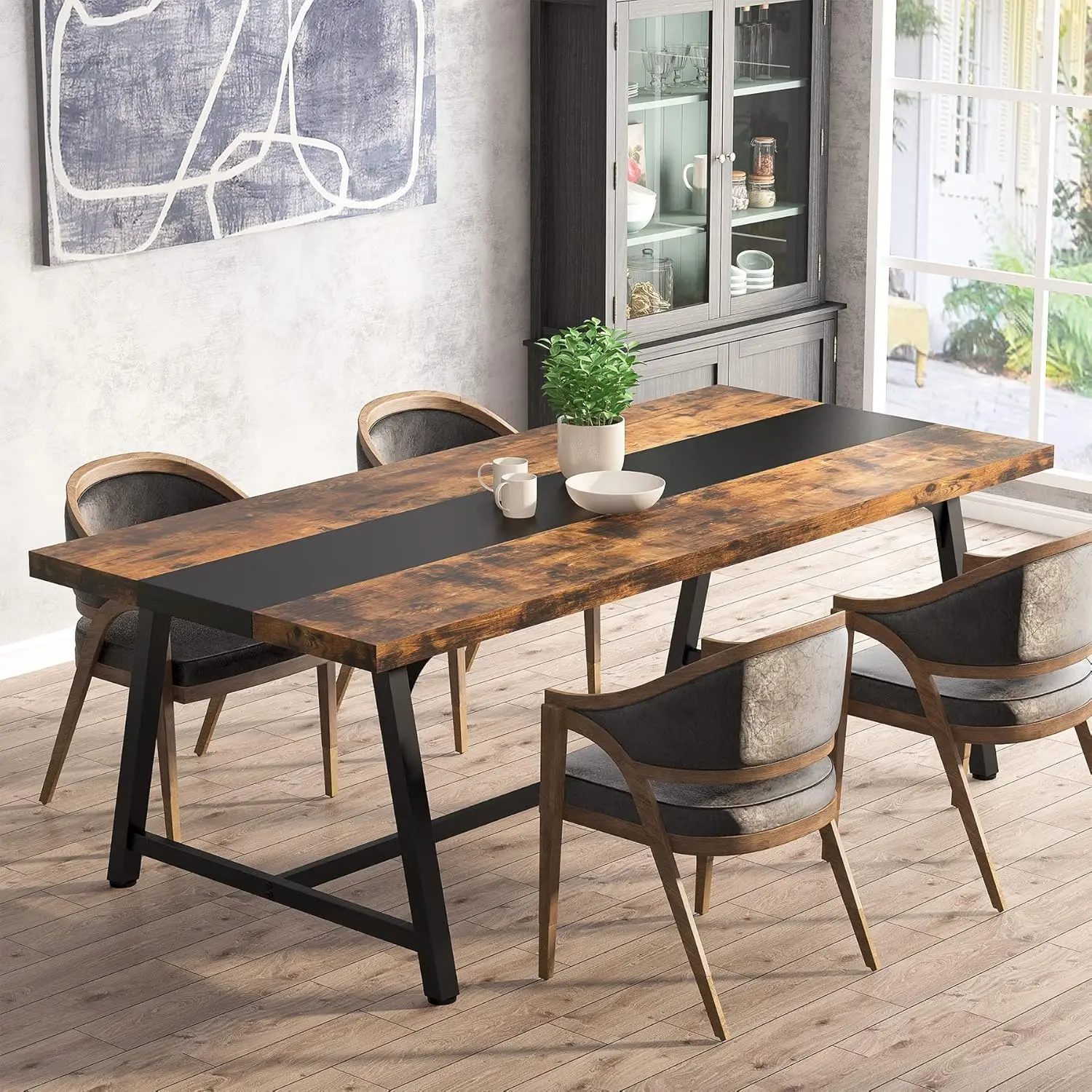 Table à manger pour 8 personnes, table de cuisine rectangulaire en bois de 70.87 pouces avec cadre métallique pour la baignade, grande salle à manger industrielle et longue