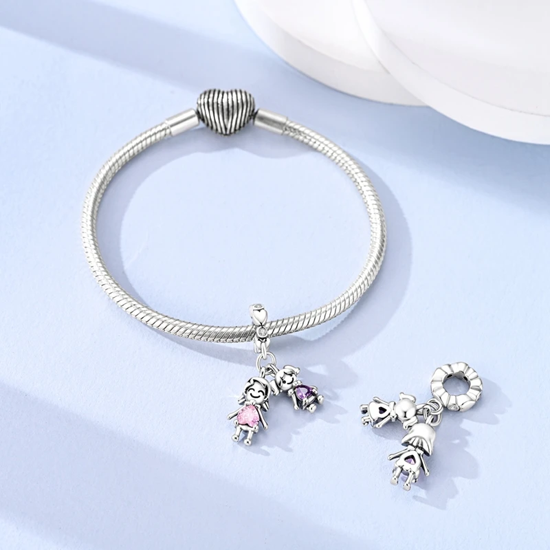 925 Sterling Silver Bright Hearted Charms Bead CZ Zircon Mother Daughter Dangle Fit Original Bracelet DIY Jewelry Gift
