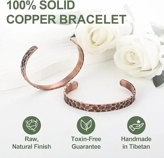 Kupferarmband für Männer & Frauen, Verstellbar, 100% Massives Reines Kupfer, Unbeschichteter Tibetischer Handgefertigter Schmuck, Geschenke – Detail 3
