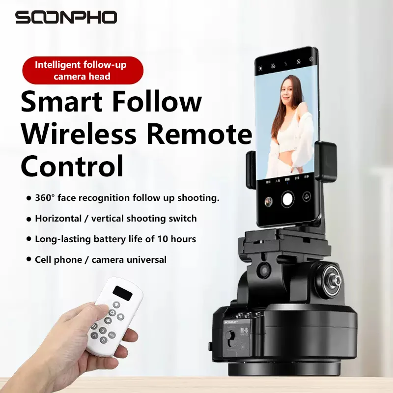 Soonpho M6 AI Smart Follow Head 360°Rotating Panoramic Head Remote Control Pan Tilt Video Tripod Head Stabilizer for Video Shoot