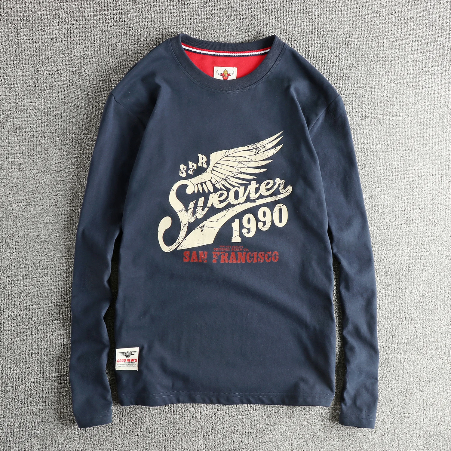 

Retro wings letters pattern long sleeve T-shirt men's wash comfortable fabric round neck American fashion t-shirt