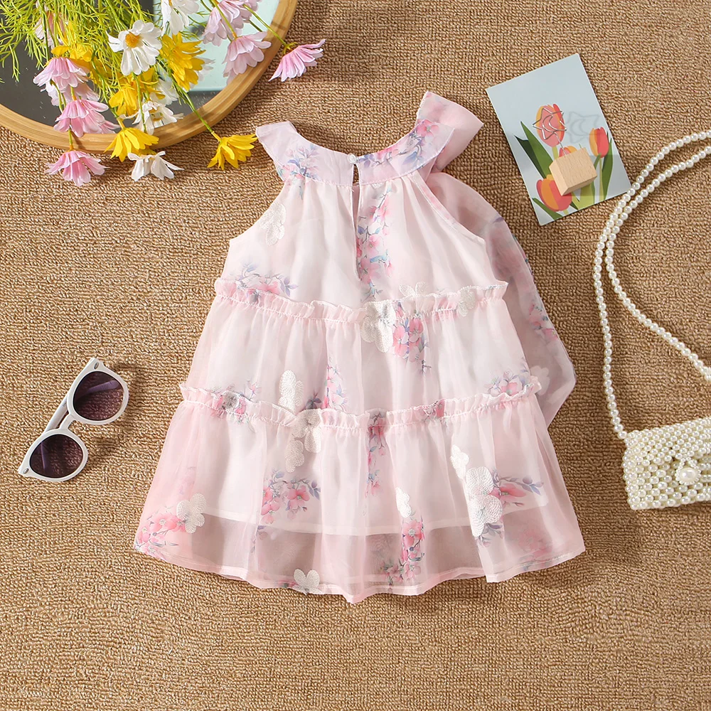 Summer New Baby Girls Dress Ribbon Bow Flower Print Mesh Dress Halter Sweet Princess Dress Birthday Party Dress (0-3 Years)