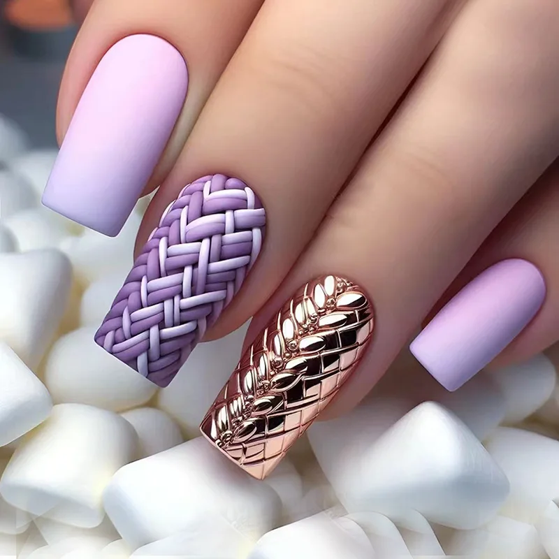 24Pcs False Nails with Jelly Glue Mid-length Square Head Press on Fake Nails Checkered Stripes Design Wearable Full Nail Tips