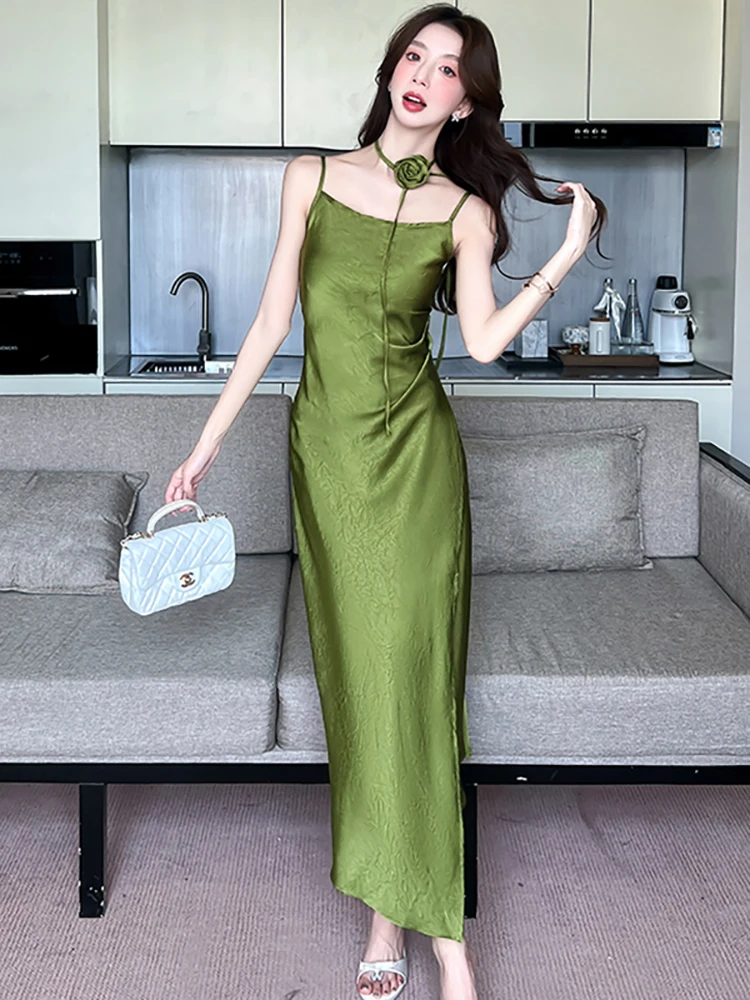 Frauen Grün Jacquard Satin Chic Sling Sexy Langes Kleid Sommer Elegante Casual Urlaub Kleid 2025, Koreanische Mode, Figurbetontes Abendkleid