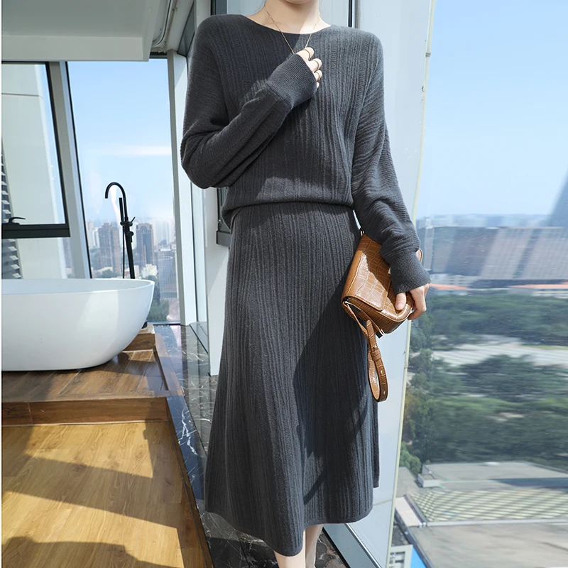 High-End Round Neck 100% Pure Wool Sweater Women's Autumn and Winter Knitted Skirt Loose Cashmere Suit Skirt High-End Slimming L