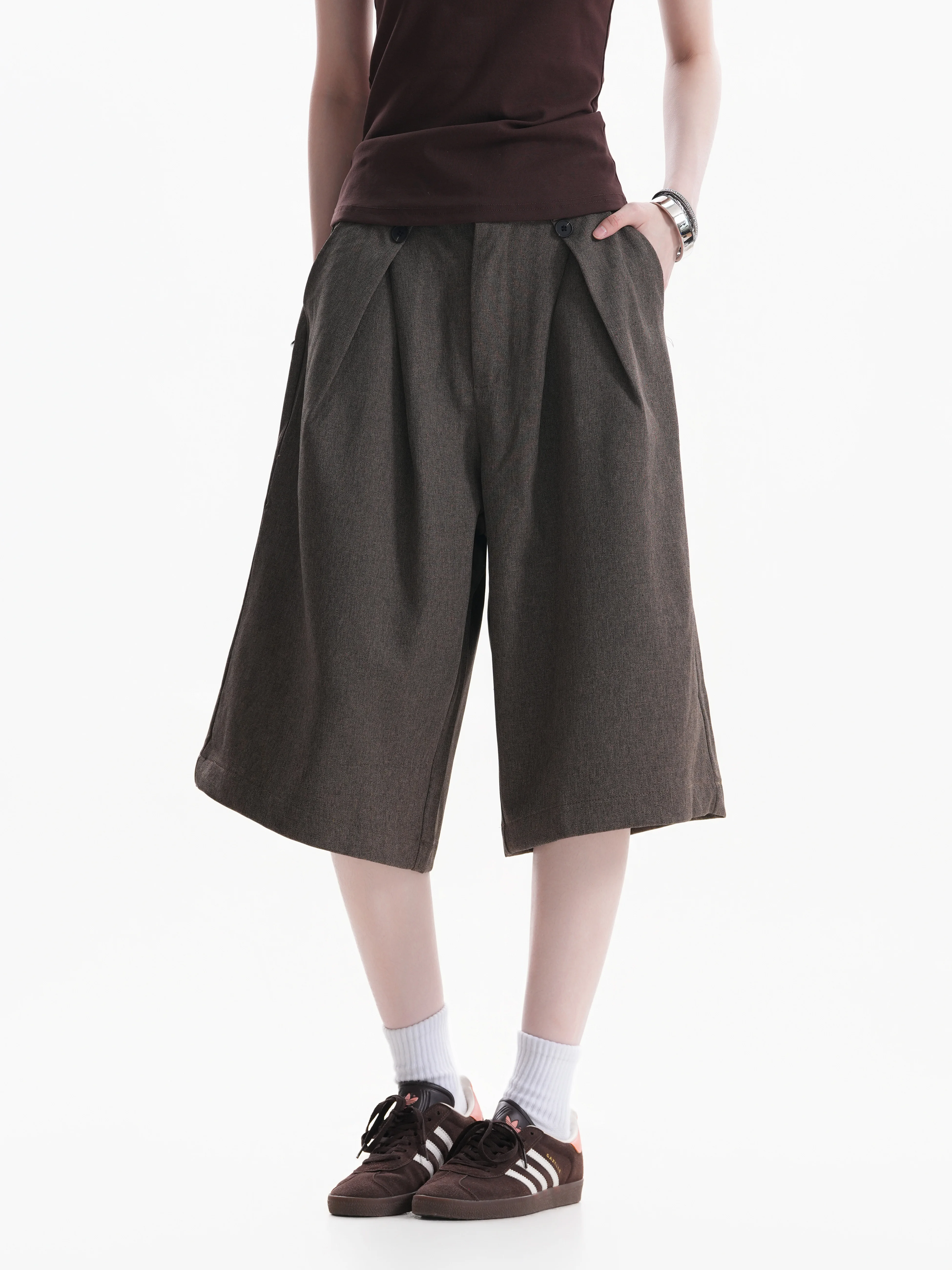 Cleanfit Textured Folded Linen Shorts Summer Wide Leg Seven Points Trendy Street Style Natural Waist Elastic Straight Tube Pants