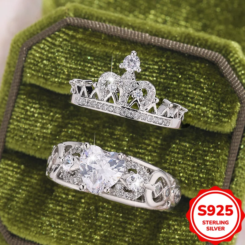 Luxurious and Personalized Authentic S925 Silver Hollow Crown Domineering Trendy Cool Heart-shaped Zircon Couple Wedding Ring