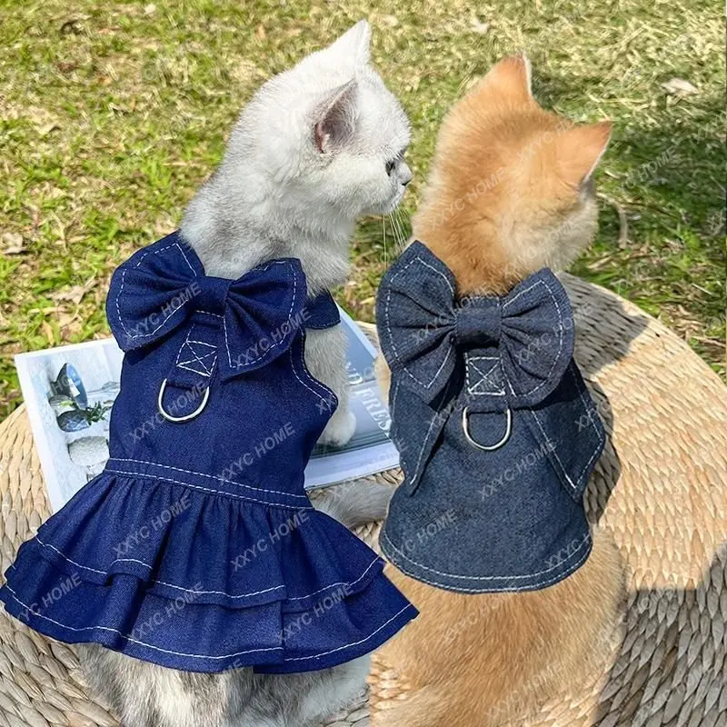 

Dog Pet Cat Denim Skirt Supplies Dog Walking Chest and Back Traction Corgi Spring and Summer Clothing Supplies Clothing