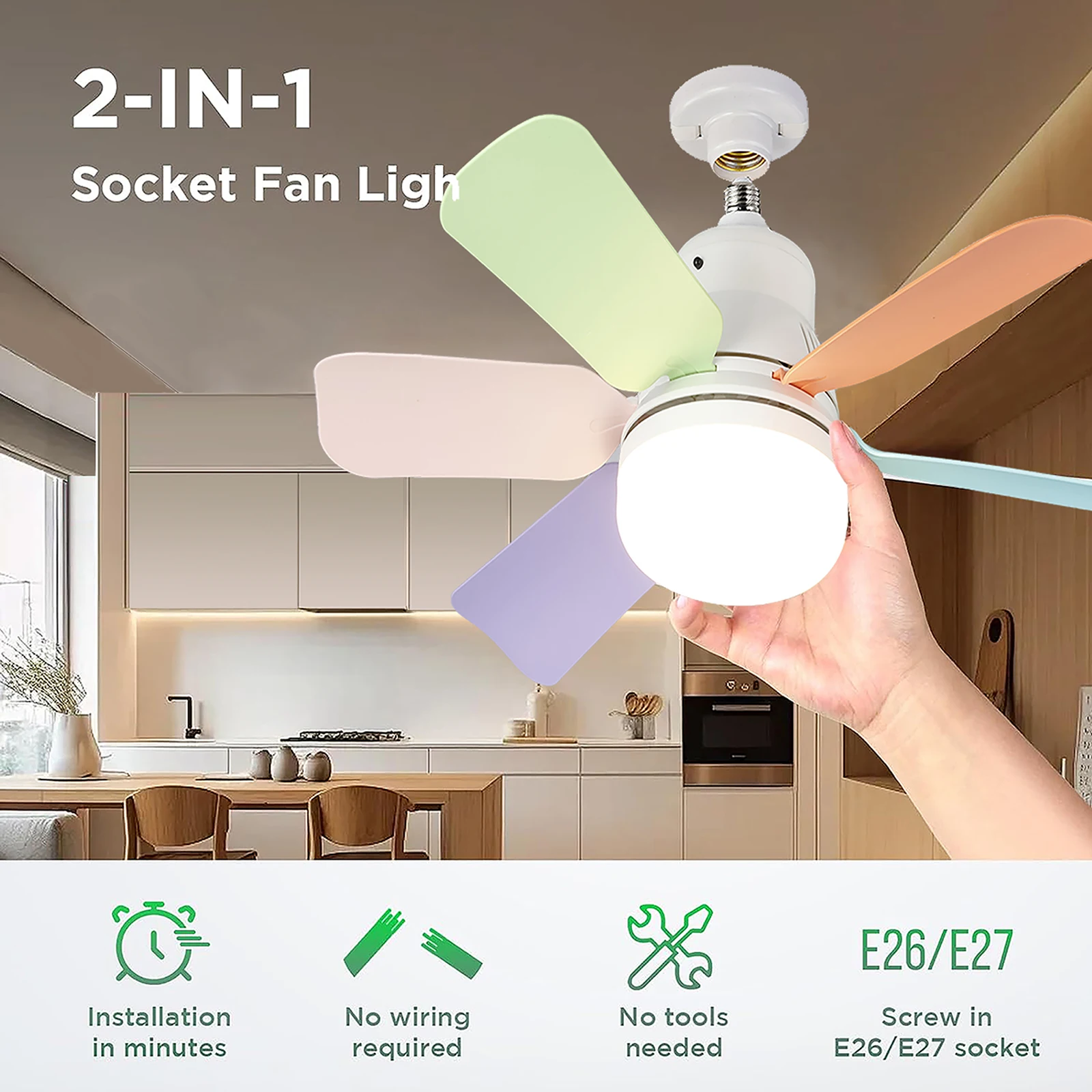 LED 3 Color Stepless Dimming Fan Light with Remote Control E27 Socket Ceiling Fan Light with 3 Wind Speeds for Bedroom Kitchen