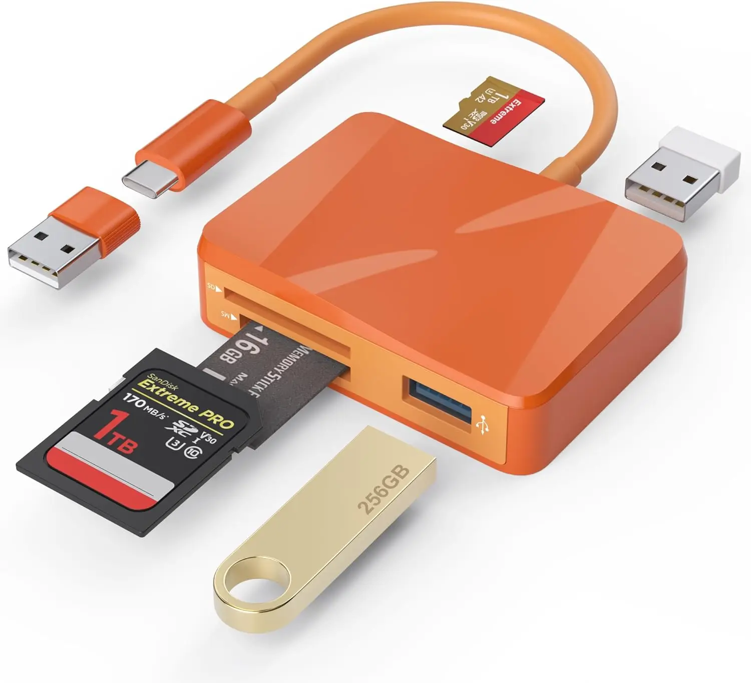 

5-in-1 USB-C & USB Card Reader with SD/MicroSD/MS Slots and Dual USB-A Ports for iPhone iPad MacBook Android Devices (Orange)
