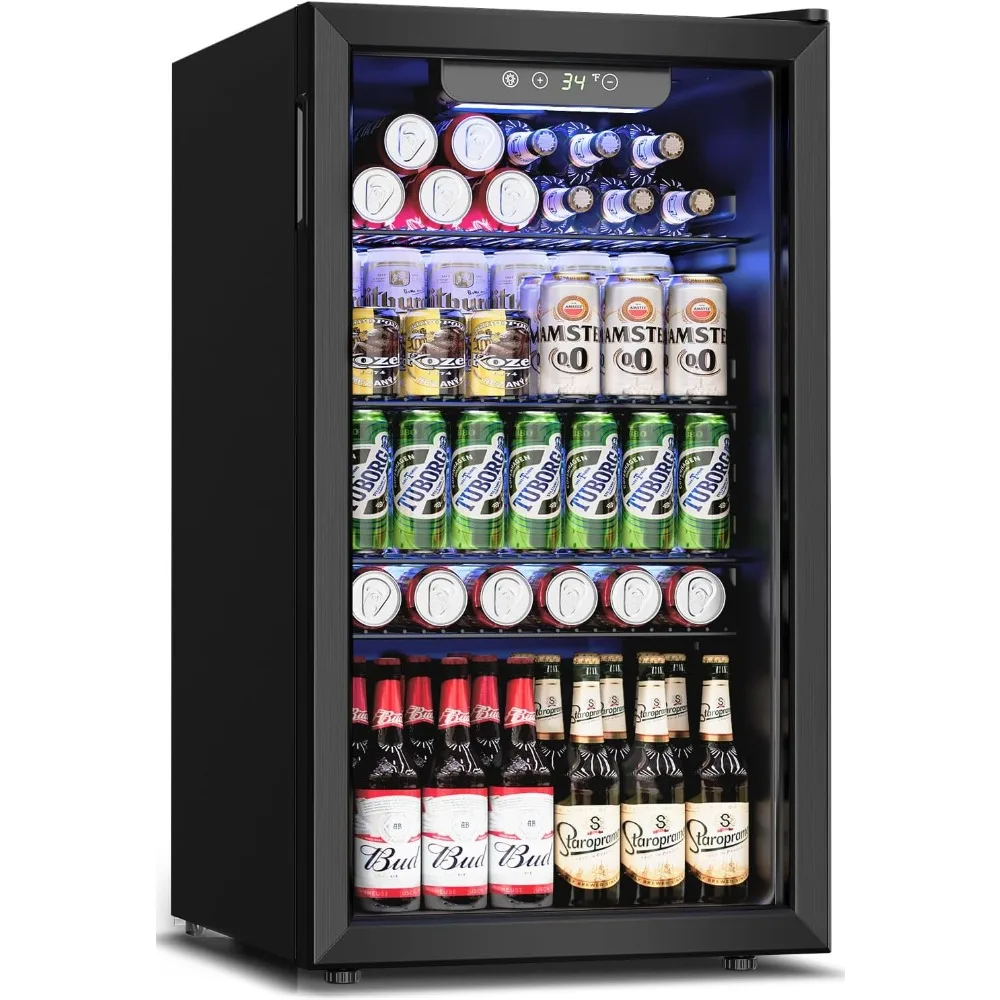 

Холодильник и охладитель для напитков - 126 банок, мини-холодильник, стеклянная дверь для газированного пива, вина - 4 регулируемых полки, отдельно стоящие напитки