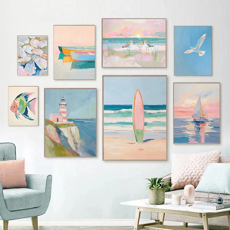 Tropical Beach Palm Tree Sailing Lighthouse Surf Pink Sunset Poster Wall Art Canvas Paintings Picture For Living Room Home Decor