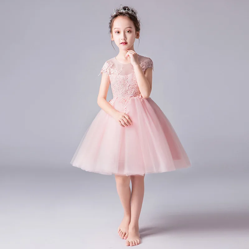 

It's Yiiya индивидуальное платье с цветочным узором для девочек, розовое тюлевое платье с аппликацией, круглым вырезом и короткими рукавами, трапециевидной формы длиной до колена, детское платье на молнии сзади T021