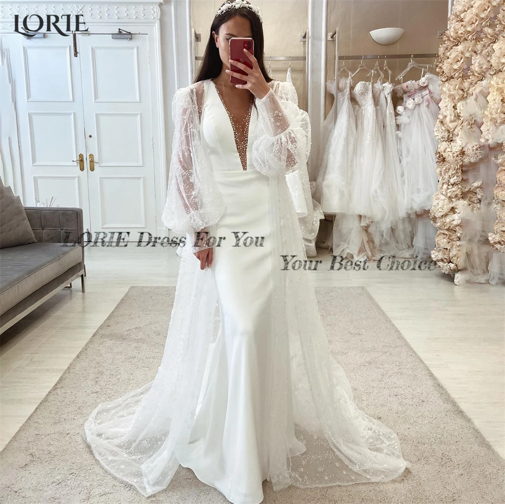 LORIE Elastic Beach Wedding Dresses Dot V-Neck Lantern Sleeves Mermaid Bridal Gowns Bodycon With Cape 2023 Pageant Bride Dress