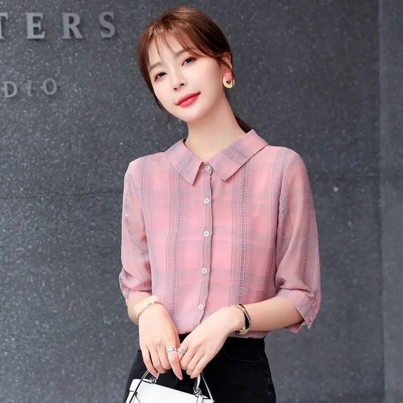 Women's Chiffon Plaid Blouse Design Niche Summer 2026 Bow Seven Sleeve Short Sleeve Fairy Chic Top