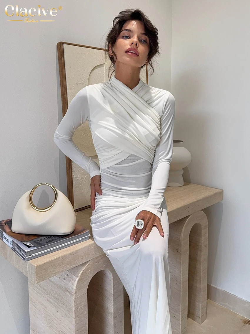 

Clacive Bodycon White Knitted Dress Lady Fashion O-Neck Long Sleeve Ankle Length Dress Elegant Classic Ruched Dresses For Women