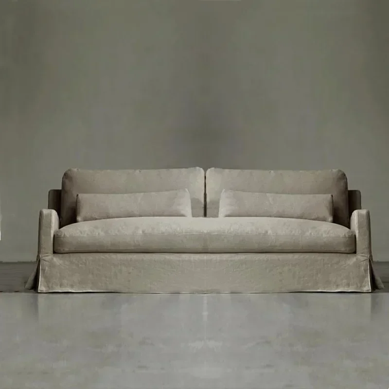Retro multi-person down fully dismantled and washed fabric sofa, three-person wabi-sabi style washed cotton and linen sofa