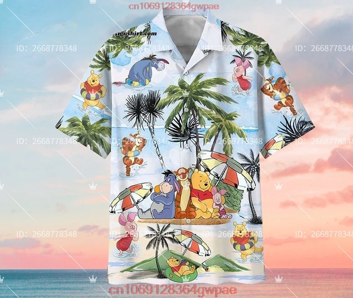 Winnie de Poeh Hawaiiaans overhemd met korte mouwen Cartoon Disney Hawaiiaans overhemd Casual strandoverhemd met korte mouwen Retro overhemd met knopen