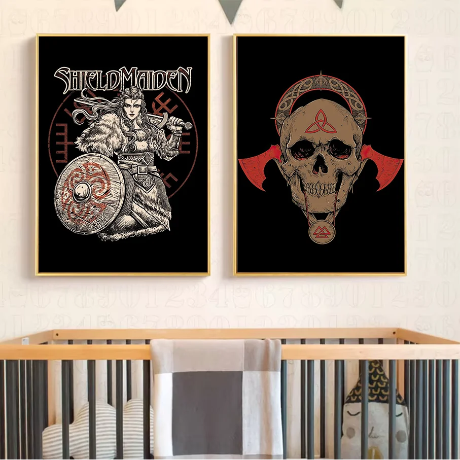 Frameless Canvas Print Viking Shield Maiden Skull Wall Art Dark Gothic Nordic Decor Living Room Poster