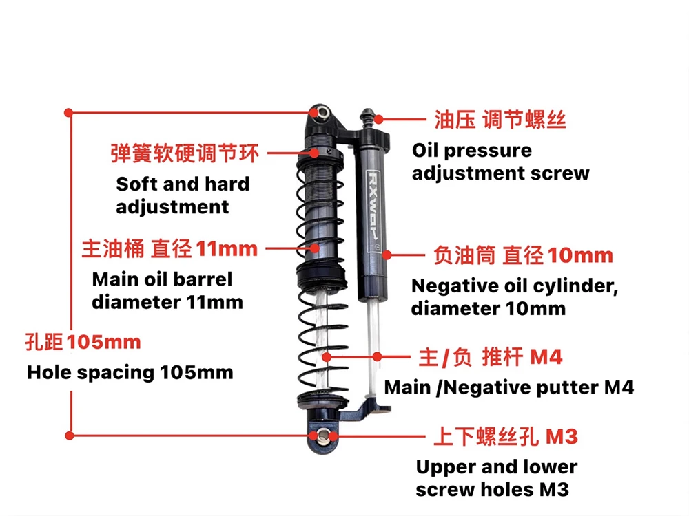 Adjustable Oil L=105mm Metal Negative Pressure Shock Absorber Double Damper For 1/8 Rc Crawler Car Meijiaxin H8h Yikong CROSSRS