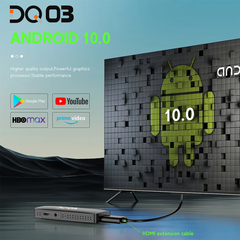 DQ03 Mini TV Stick Android 10 with Quad Core ARM Cortex A53 CPU 2GB 16GB Support 4K@60fps HDR10+ H.265 2.4G&5.8G Dual Wifi Porta