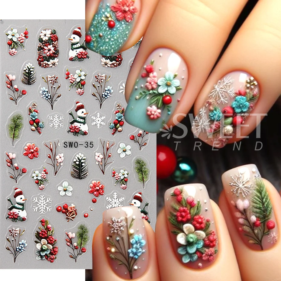 Christmas Nail Art Stickers Self-Adhesive Cartoon Snowflake Nail Decals Snowman Flower Nail Design Siders Manicure Accessories