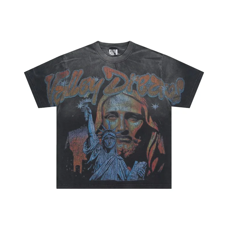 

Oversized Black Tie-dye VALLEY Men‘s T Shirts Goddess Statue Print Vale Short Sleeves Top Tees