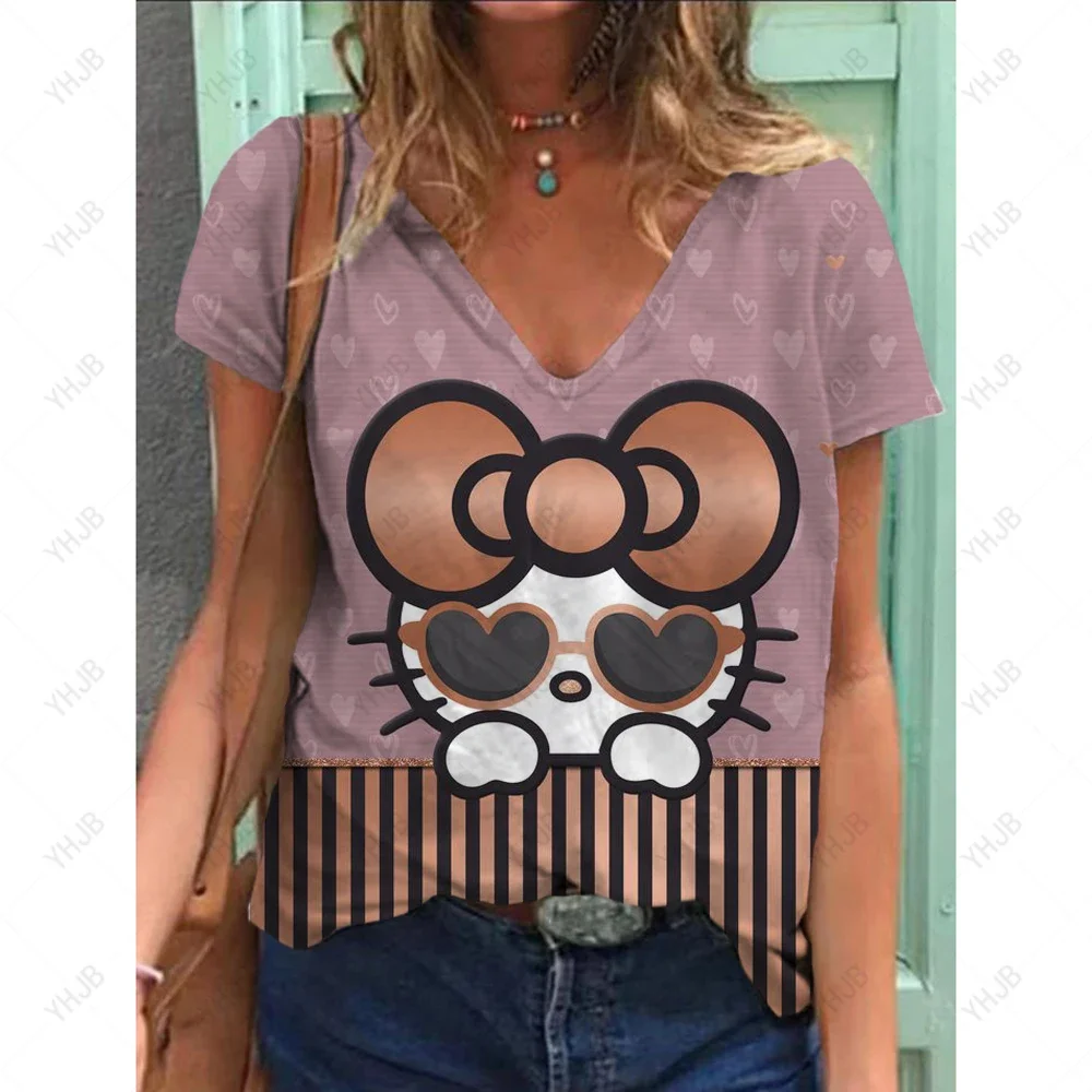 

New Fashion Hello Kitty 3D print Top Fashion V-neck Fashion Cute Design Style T-shirt Casual and Comfortable Women's Summer