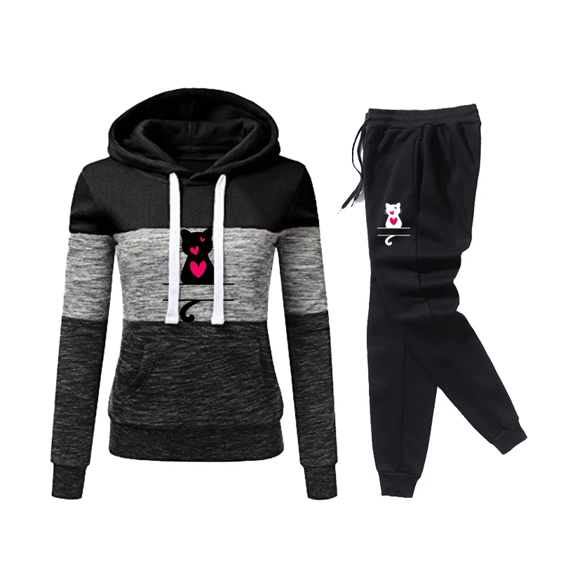 2025 Hot Sale Women\'s Autumn Tracksuit Hoodies and Sweatpants Lovely Cat Printed Sportswear Ladies Daily Casual Fashion Outfits