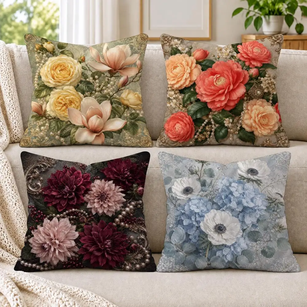 Vintage Ornate Floral Pearl Motif Cushion Cover Soft Short Plush Pillow Cases Hidden Zipper Cutecore Sofa Bedroom Home Decor
