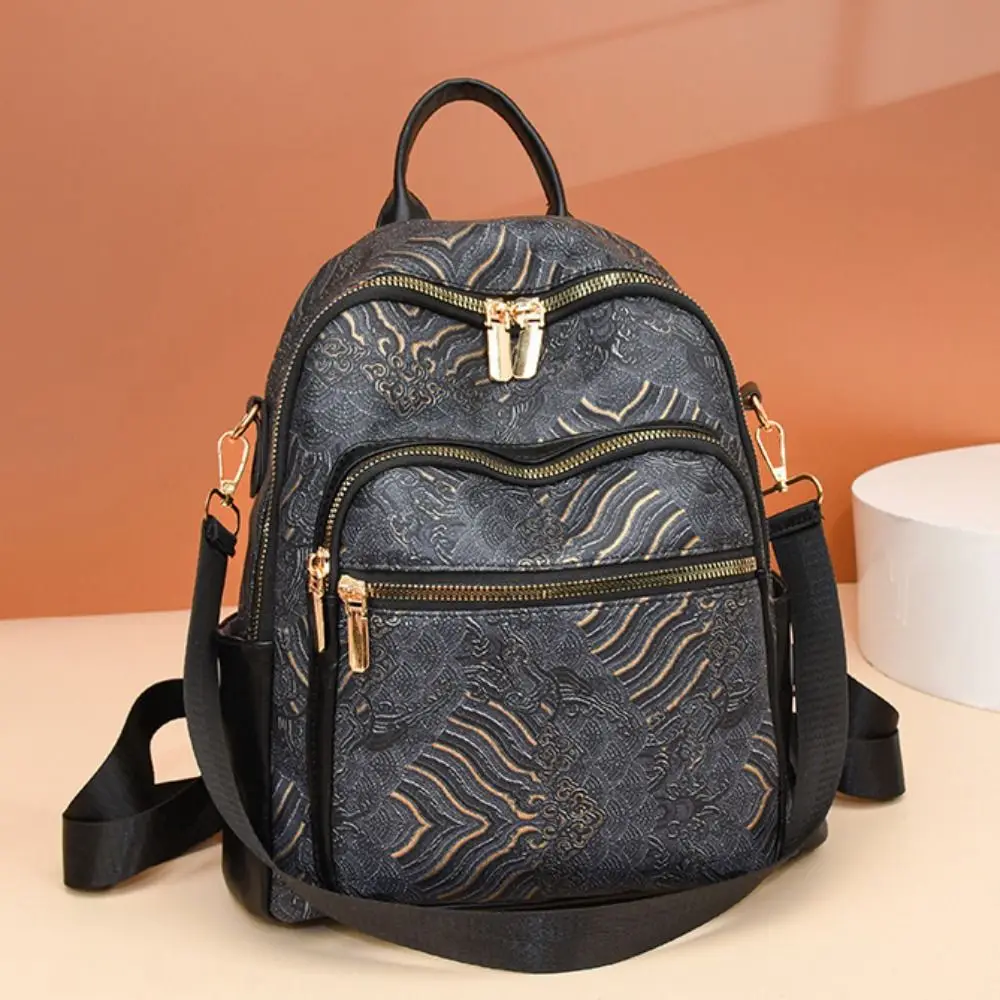 Large Capacity Women Casual Backpack Pu Top Handle Ethnic Style Shoulder Bag Daypack All-match Mini Travel Backpack Women