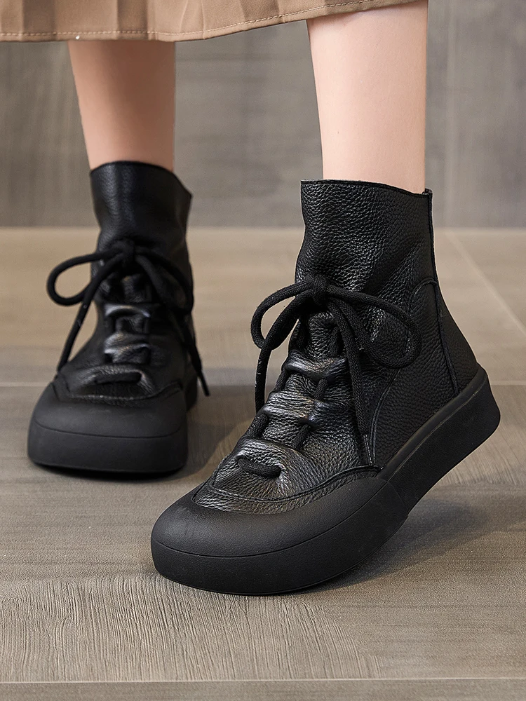 

Birkuir Flat Heel Women Ankle Boots Back Zippers Short Boots Lace Up Square Toe Shoes Big Head Genuine Leather Platform Boots