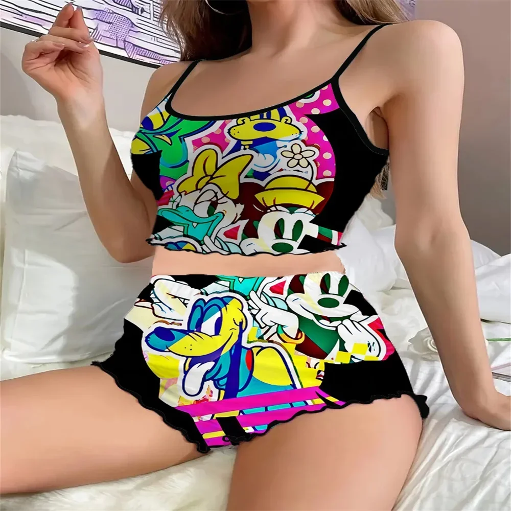 

New Two Pieces Set of Women's Home Dress Fashion Sexy Female Suspender Nightwear Mickey Pattern Print Summer Sleepwear for Women