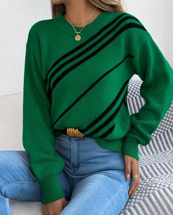 

Осенний повседневный полосатый пуловер с круглым вырезом и длинными рукавами для женщин, элегантный и модный полосатый лоскутный вязаный свитер