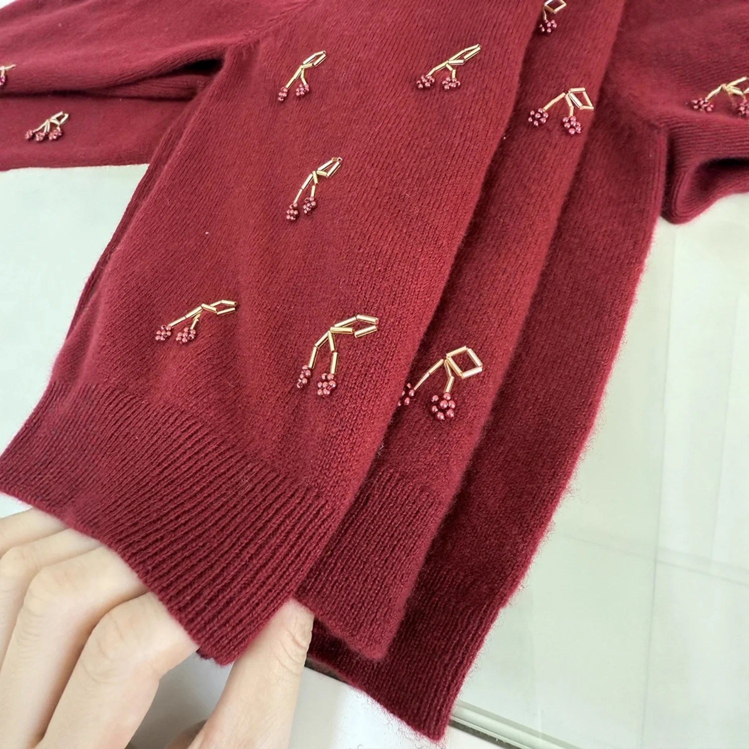 Girls Red Cardigan with Handmade Beaded Cherry Knitted Long Sleeve Spring and Autumn Coat Holiday Gifts for Children Outfits