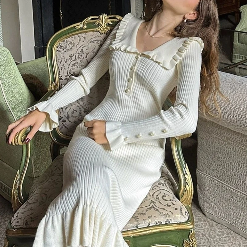 

Deeptown Elegant White Women Knitted Long Skirt Vintage Long Sleeve Party Dresses Sweet Ruffle Patchwork Sweater Maxi Dress Slim