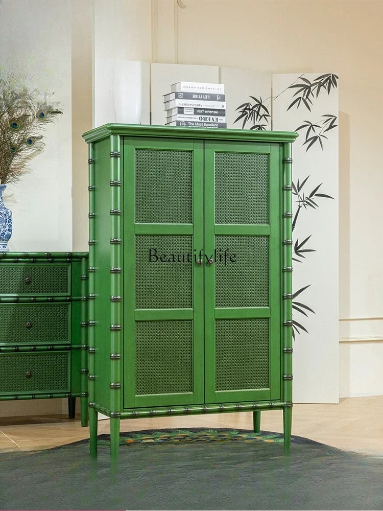 

02 Hand-woven Rattan Cabinet Green Storage Cabinet Solid Wood Vintage Style Cabinet