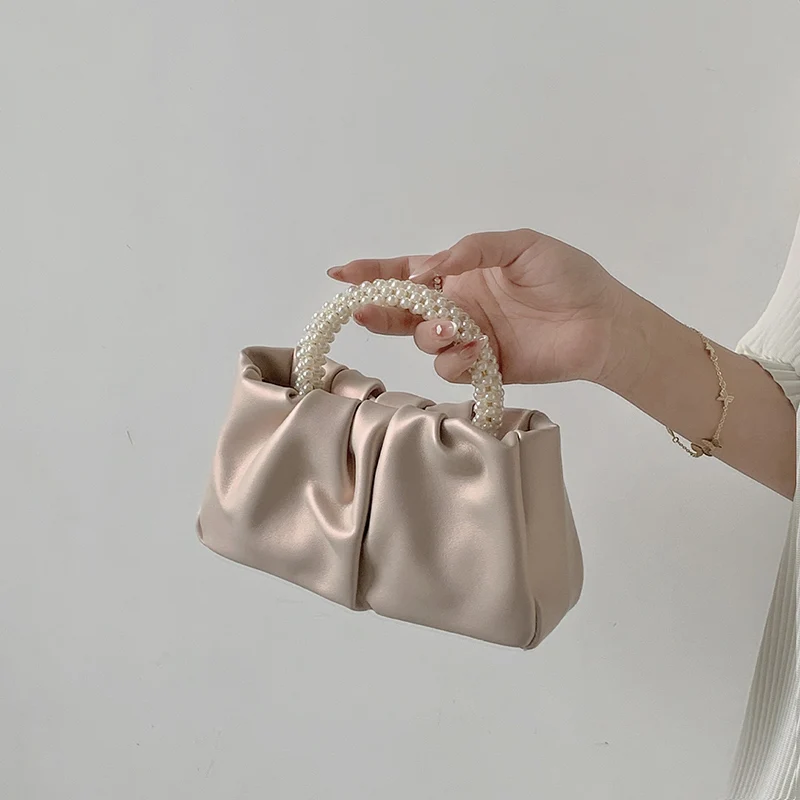 Exquisite Girl Pearl Handheld Bags Fashionable Versatile Pleated Women Crossbody Cloud Bag Sweet Mini Mobile Phone Small Handbag